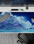 Dreamy navy and icy cyan 40x20 inches anime desk pad, calm starlit clouds with shimmering sparkles.