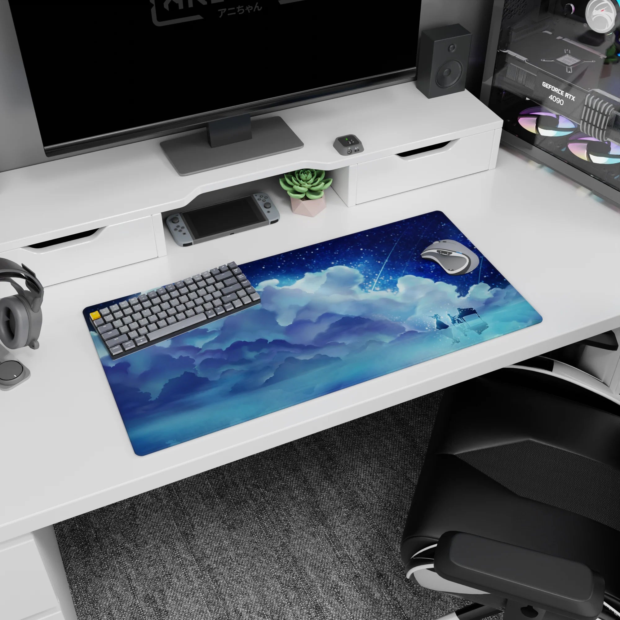 32x16 inches anime mouse pad featuring a lone girl in a flowing dress beside a grand piano at night.