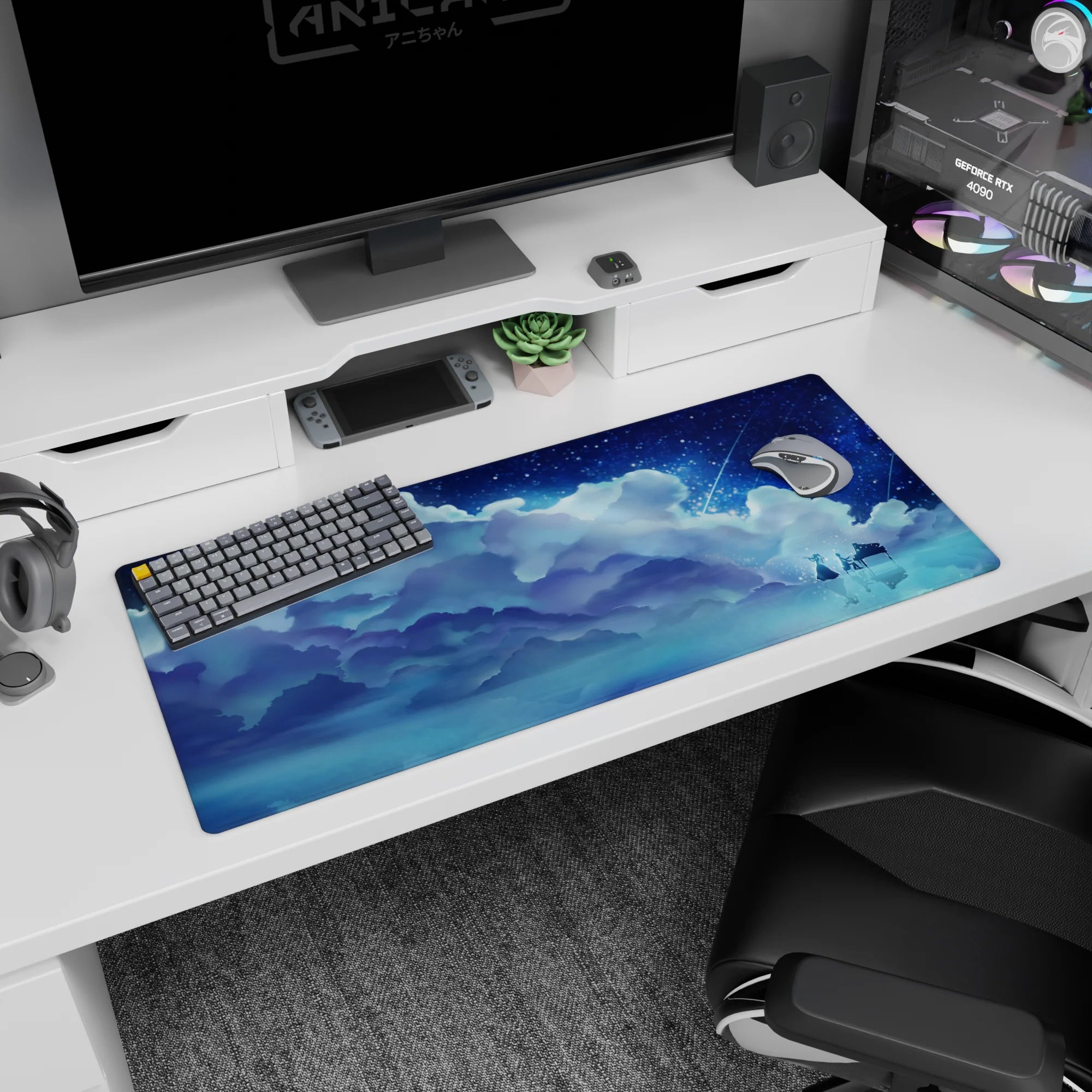 36x16 inches anime desk pad showing a girl in a flowing dress beside a grand piano under stars.
