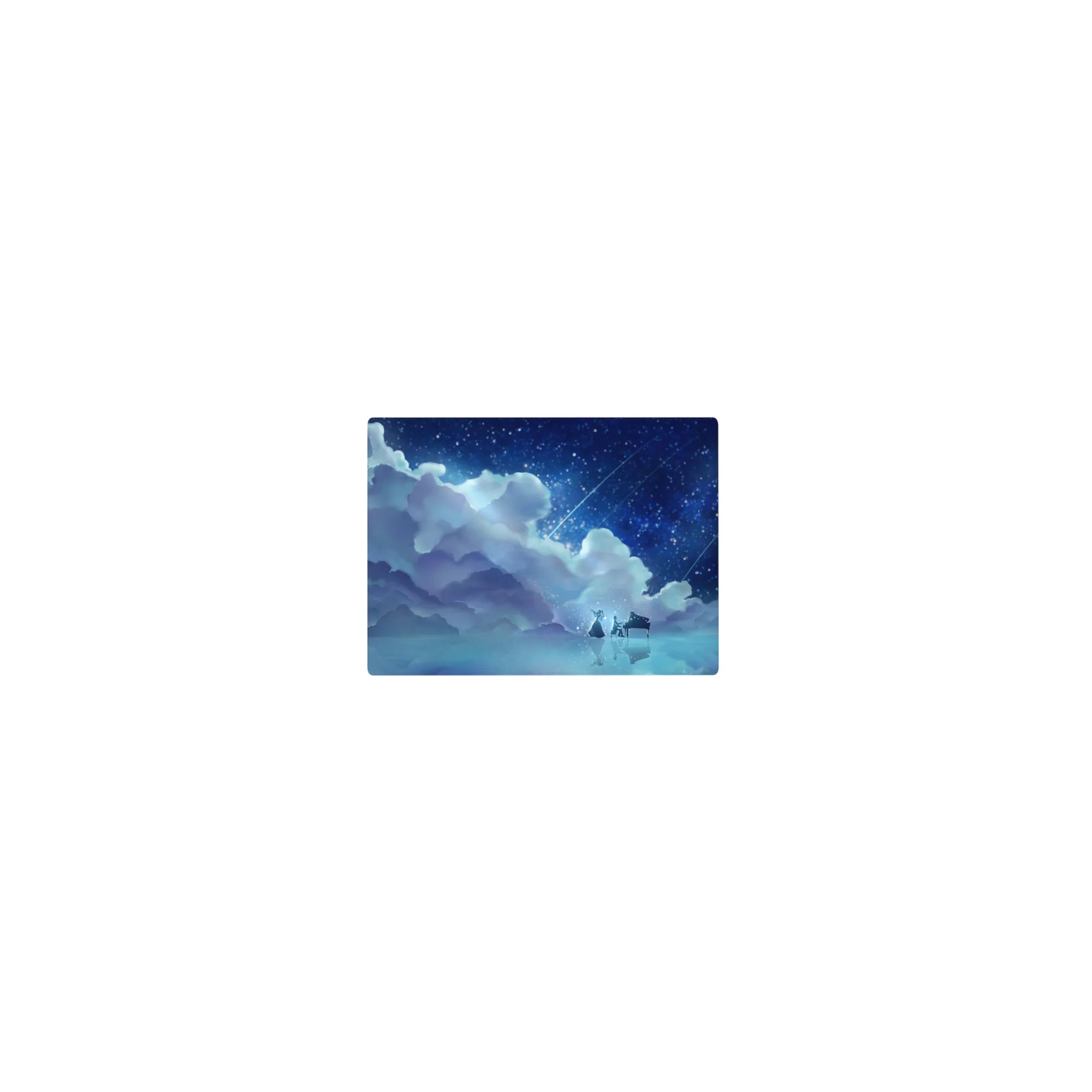 Classic anime mouse pad 14x10 inches with starry night sky, blue clouds, piano figure, water reflection.