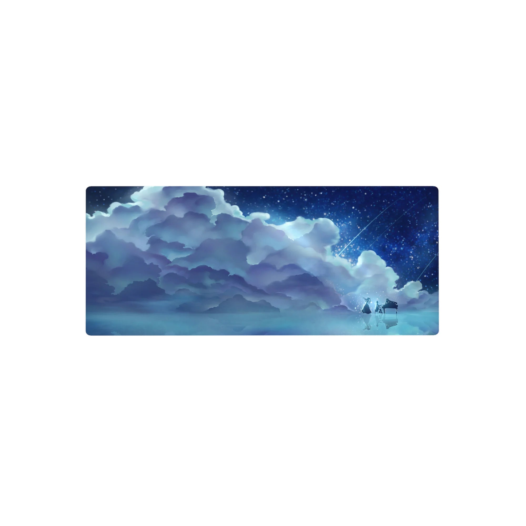 28x12 inches anime mouse pad with dreamy night sky, giant blue clouds, piano by starlight, water reflection.