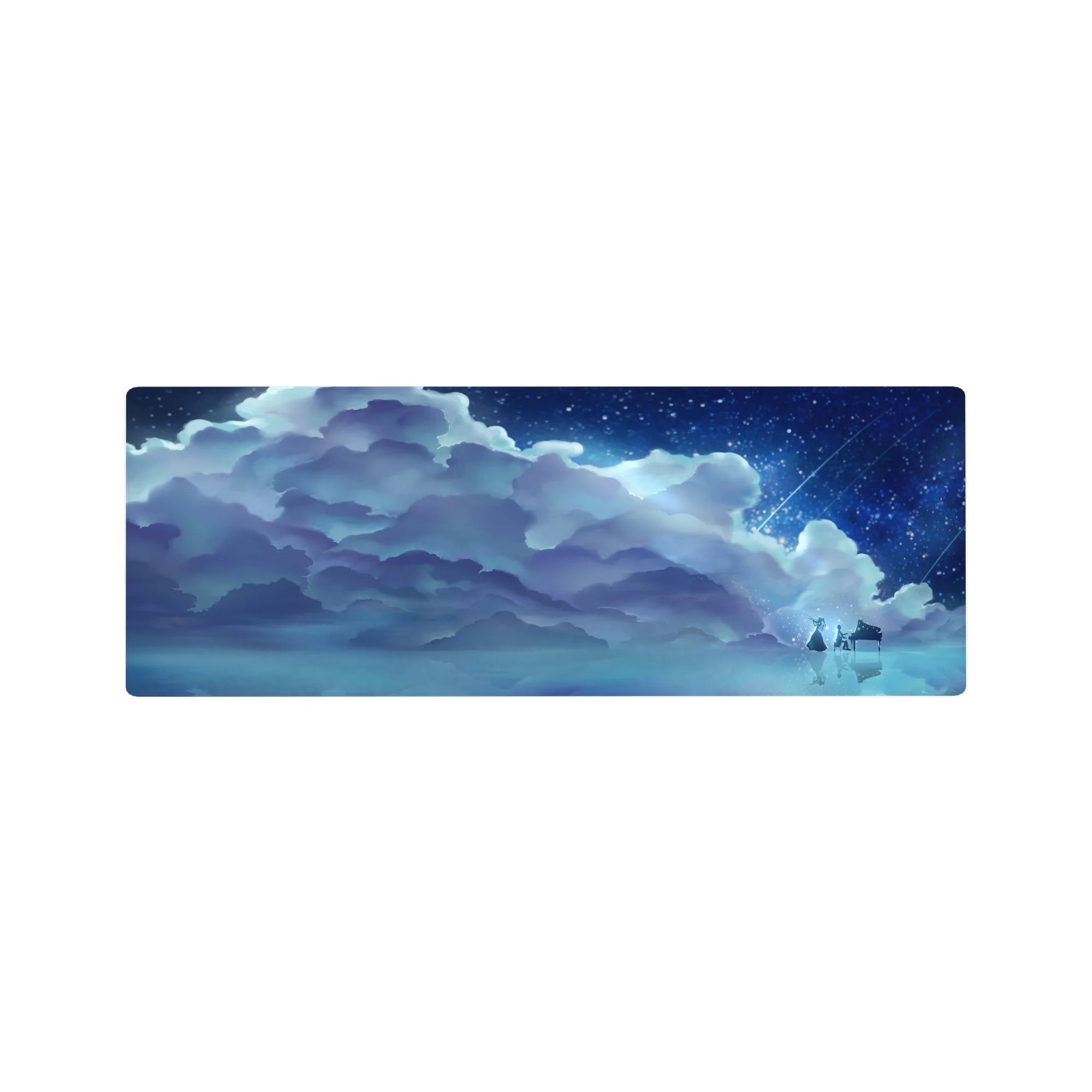 32x12 inches anime mouse pad with blue clouds, starry sky, piano girl, and water reflection nightscape.