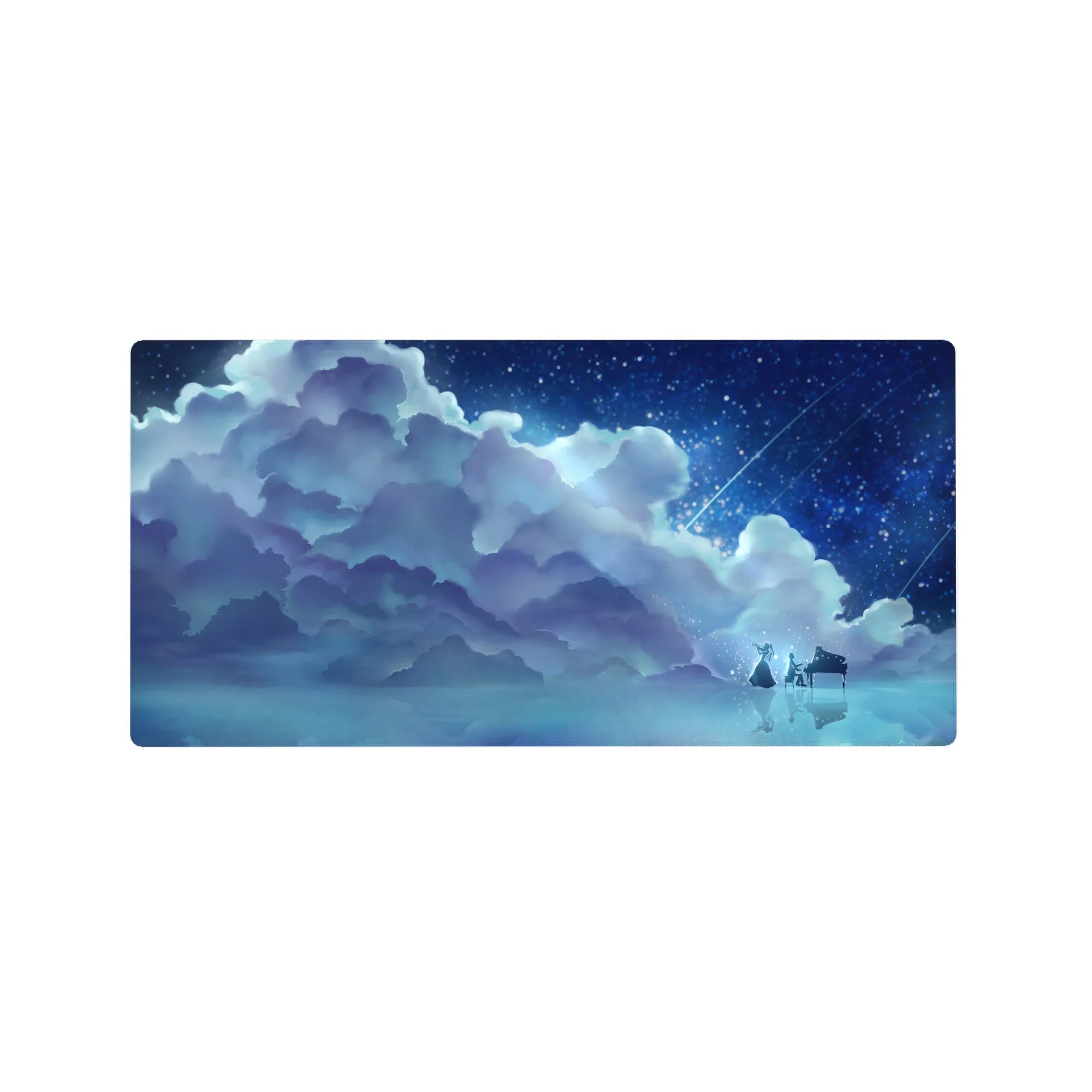 32x16 inches anime mouse pad with dreamy night sky, blue clouds, starlit piano scene and reflections.