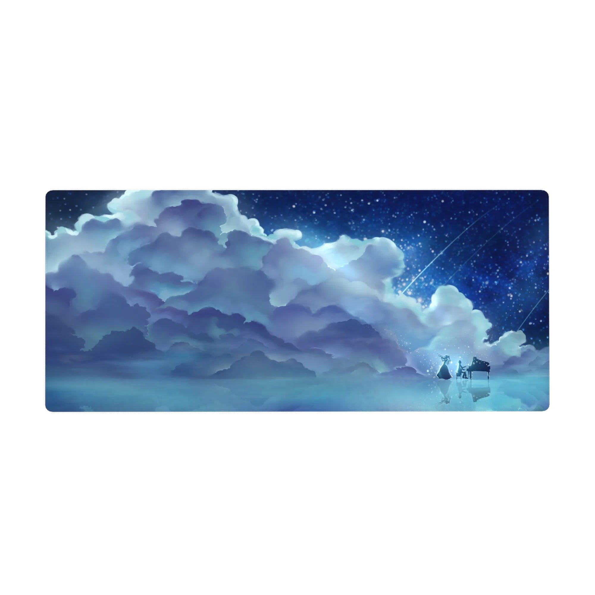 36x16 inches anime desk pad with blue clouds, starry sky, and water reflection night landscape.