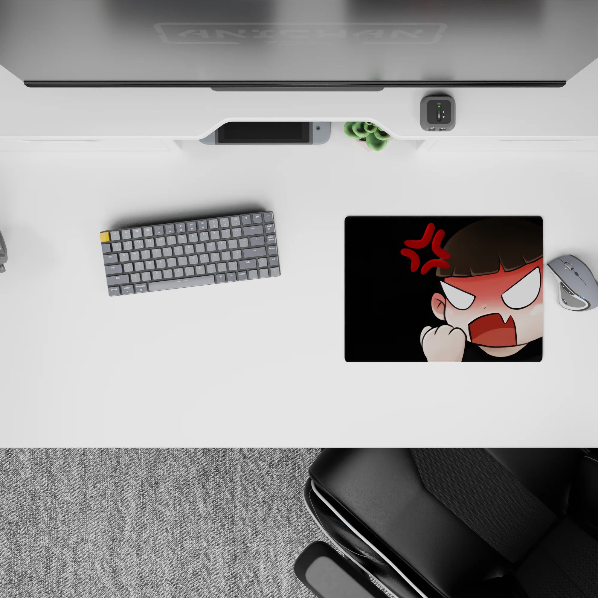 Black background anime girl mouse pad with peach tones, sharp white eyes, playful angry vibe, 14x10 inches.