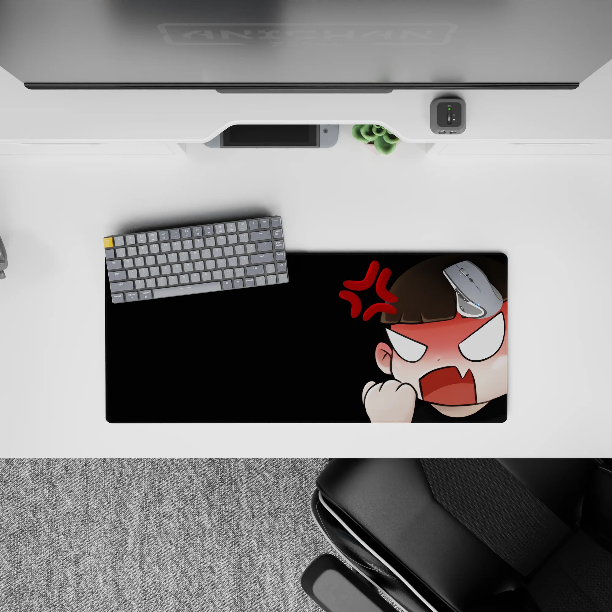 28x12 inches anime girl mouse pad on deep black background, peach skin tones, sharp white eyes, fiery mood.