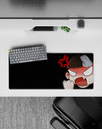 28x12 inches anime girl mouse pad on deep black background, peach skin tones, sharp white eyes, fiery mood.
