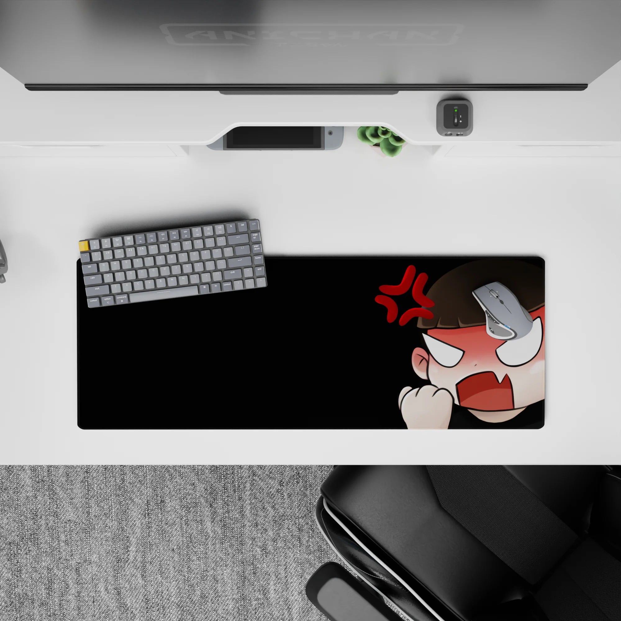 Black background anime girl mouse pad with peach tones and sharp white eyes, playful chaos mood, 32x12 inches.
