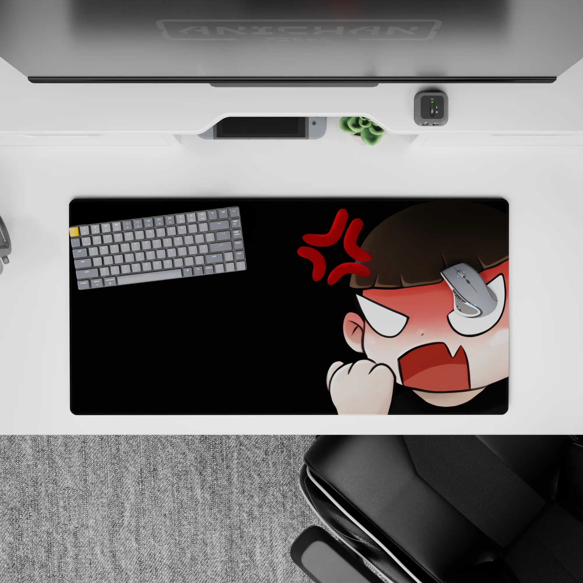 Black background anime mouse pad with peach tones, white eyes, and red anger mark, 32x16 inches.