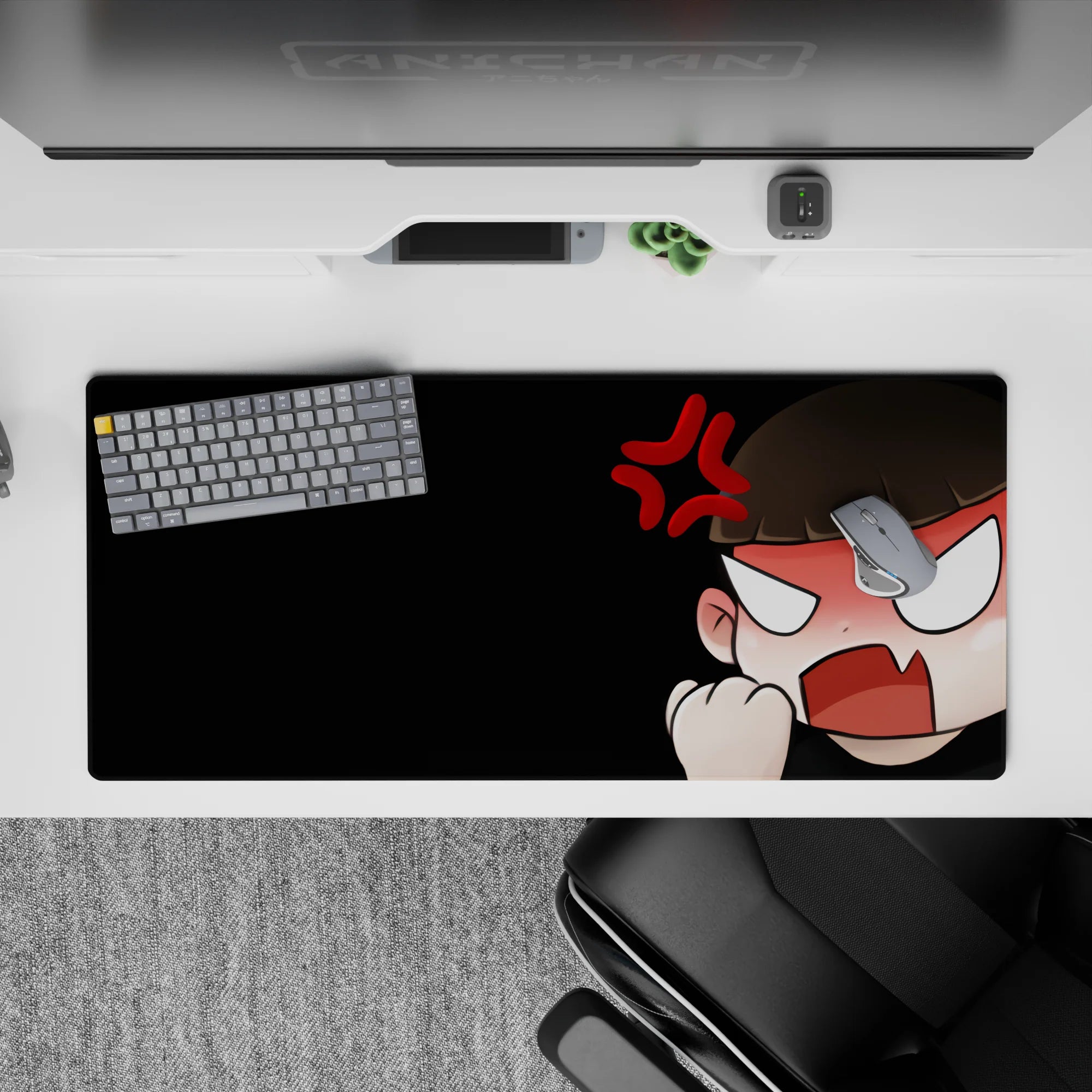 Black background with peach tones, sharp white eyes, and red anger mark desk pad, 36x16 inches.