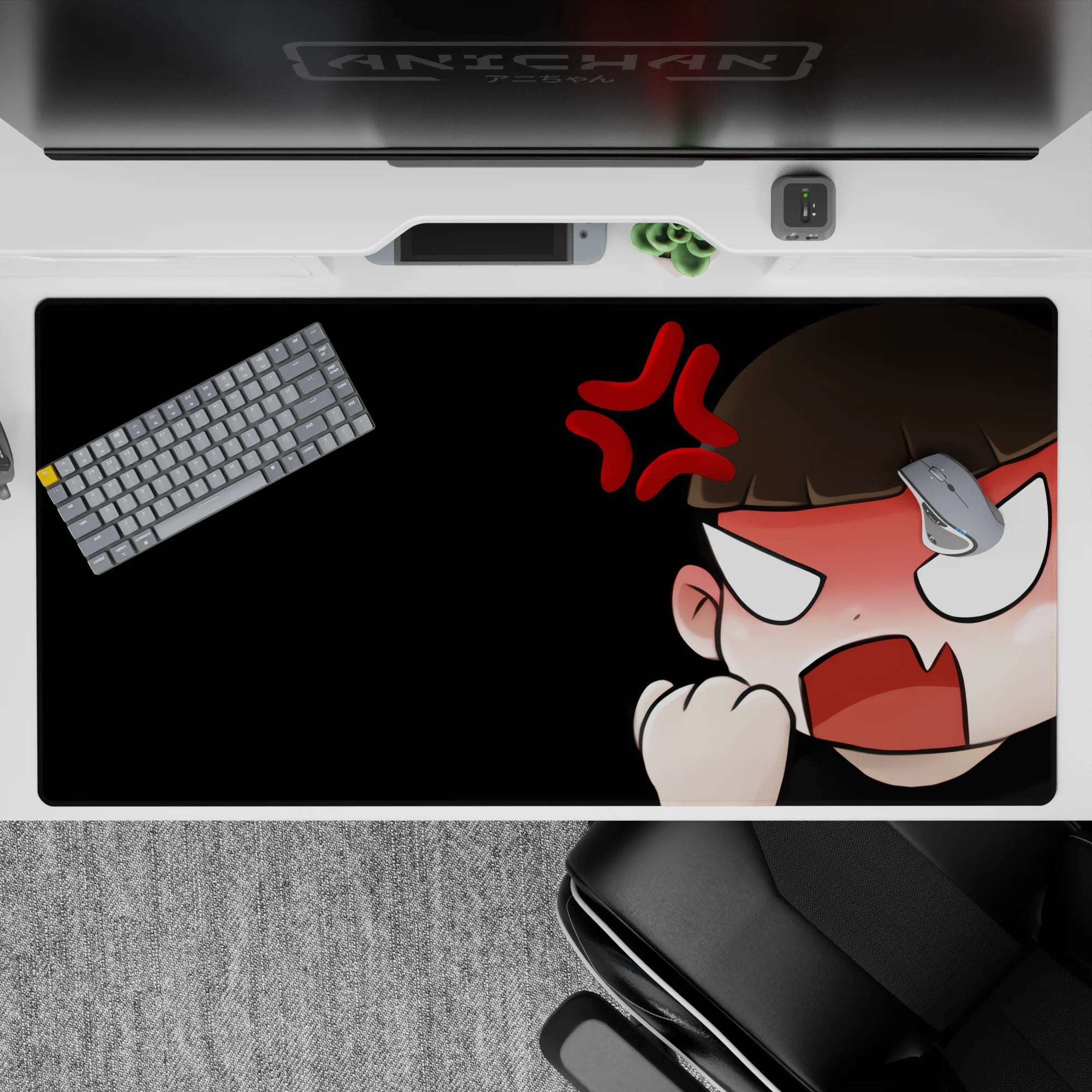 Black background anime desk pad with peach tones, sharp white eyes, playful angry vibe, 40x20 inches.