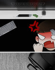 Black background anime desk pad with peach tones, sharp white eyes, playful angry vibe, 40x20 inches.