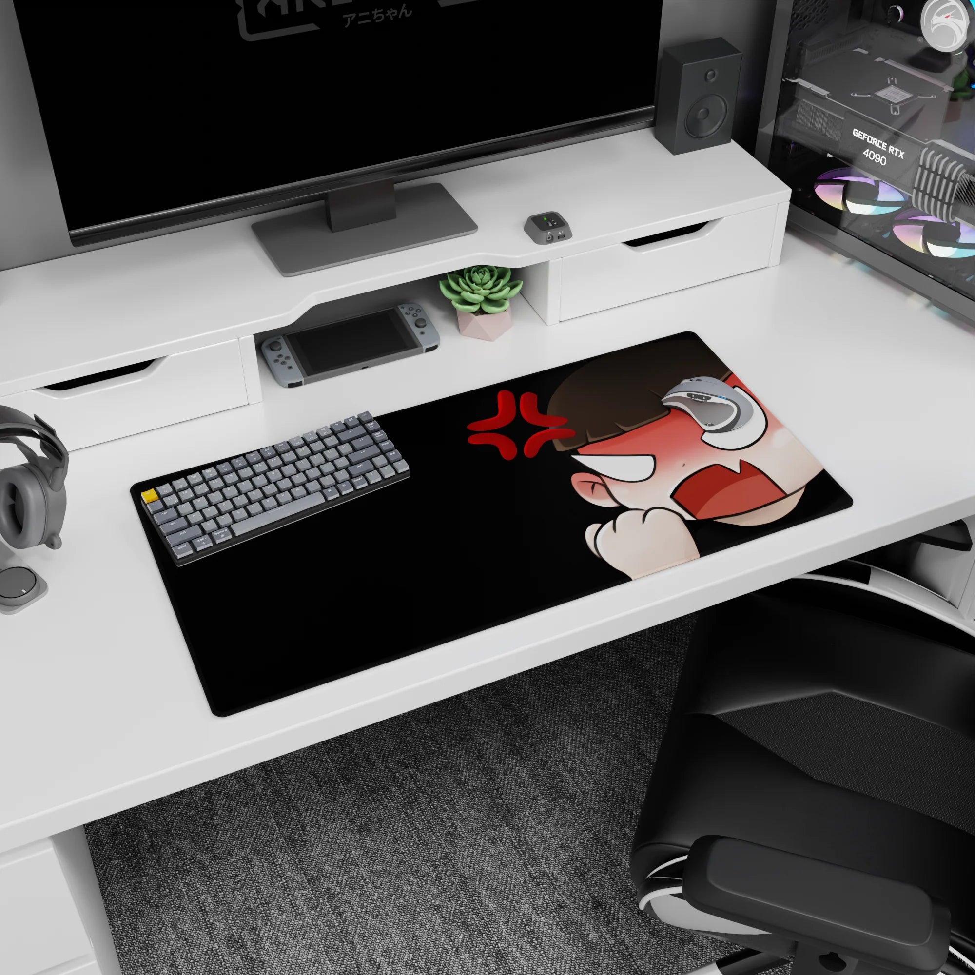 Angry chibi anime girl slamming fist up with blush and fury symbol desk mat mouse pad, 32x16 inches.