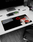 Angry chibi anime girl slamming fist up with blush and fury symbol desk mat mouse pad, 32x16 inches.