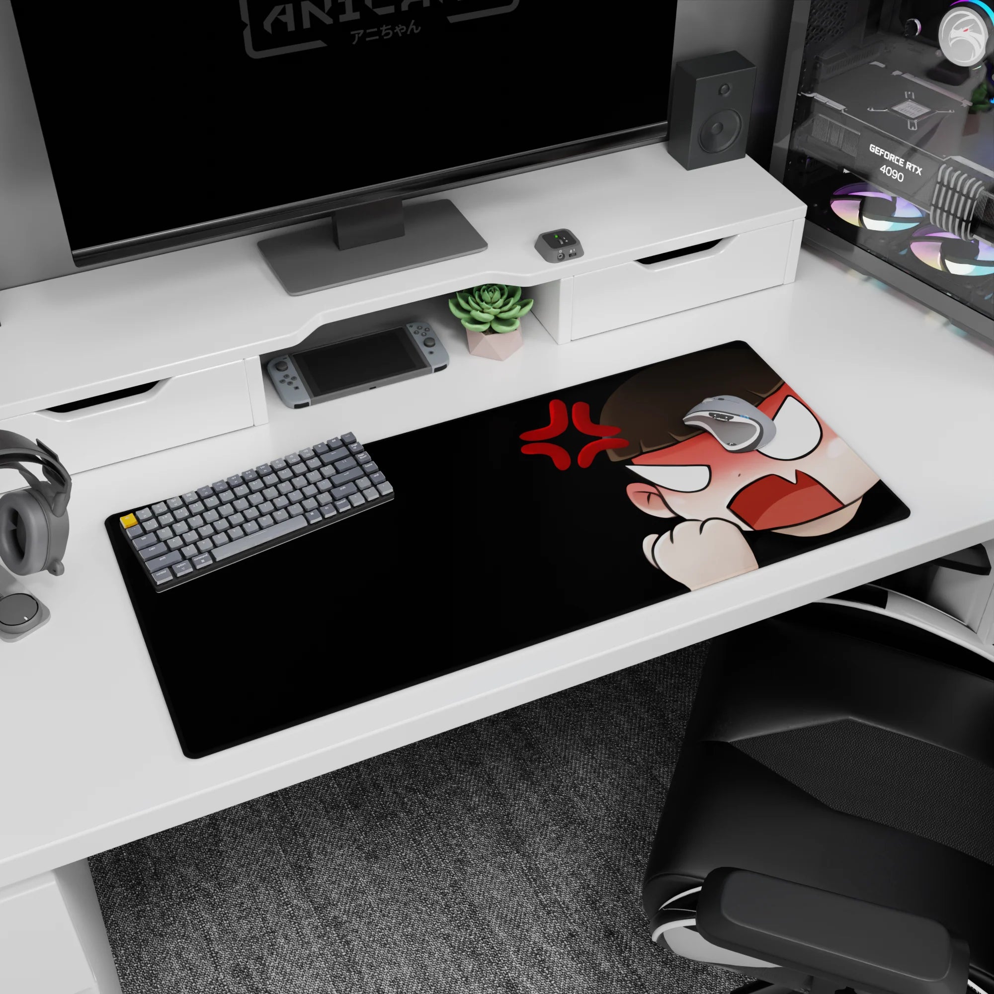 Angry chibi anime girl punching the air with red rage symbol on a desk pad, 36x16 inches.