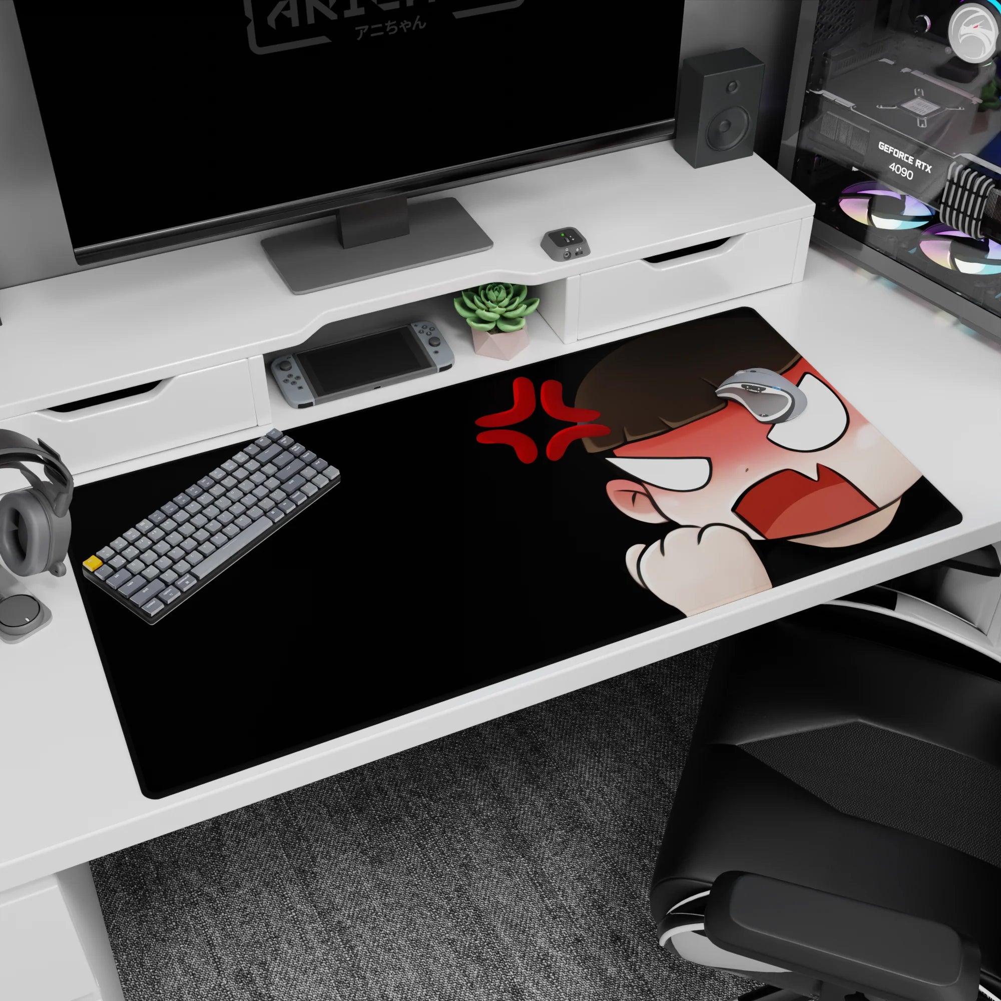 Chibi anime girl in full rage mode, fist up, blushing face and anger symbol desk pad, 40x20 inches.