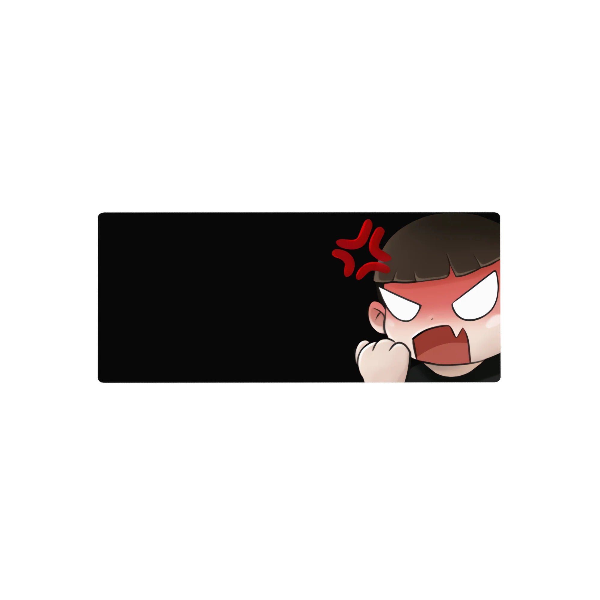 28x12 inches anime girl mouse pad with chibi rage face, raised fist, blush cheeks, red anger mark.