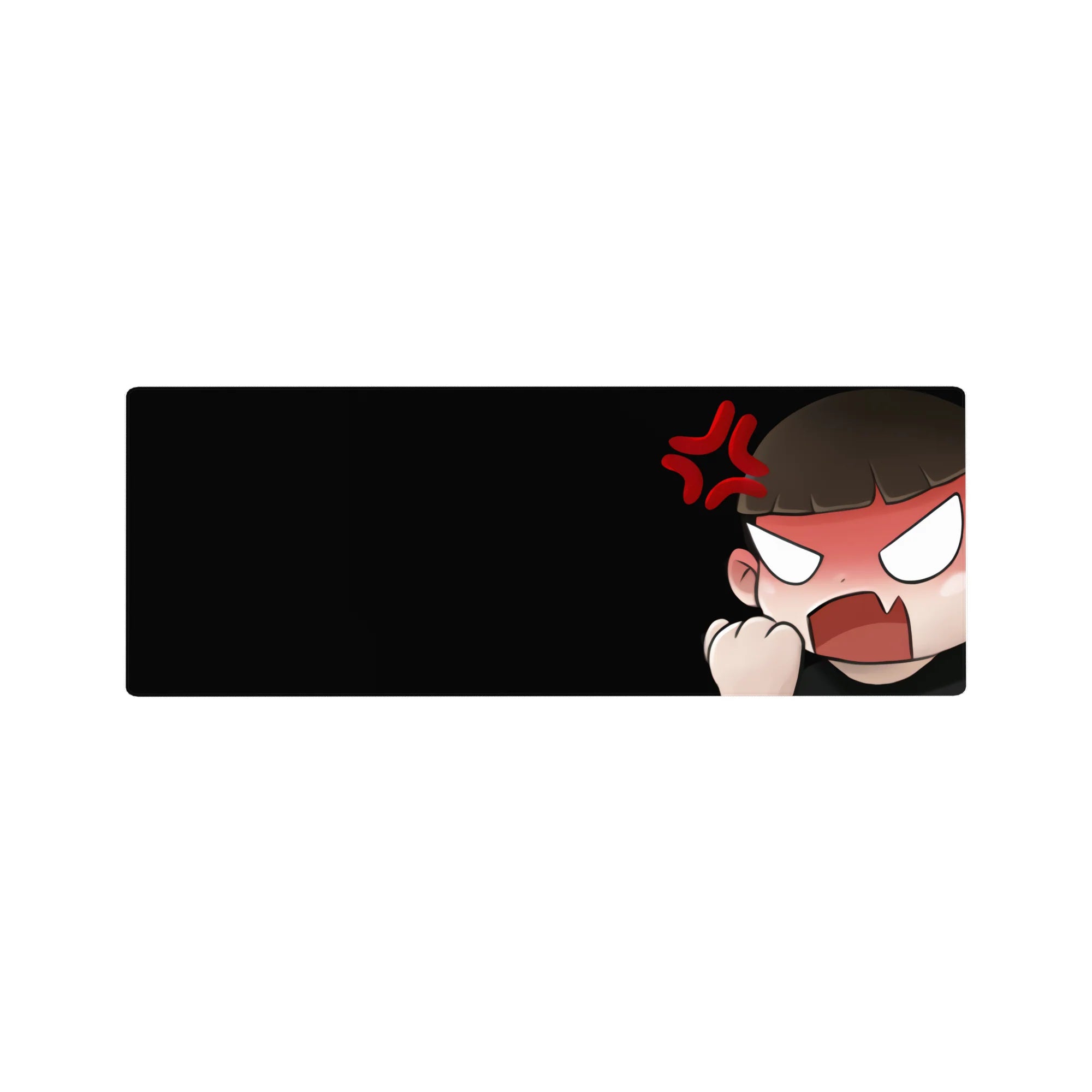Chibi anime girl rage mouse pad desk mat, fist raised, blush cheeks, red anger mark, 32x12 inches.