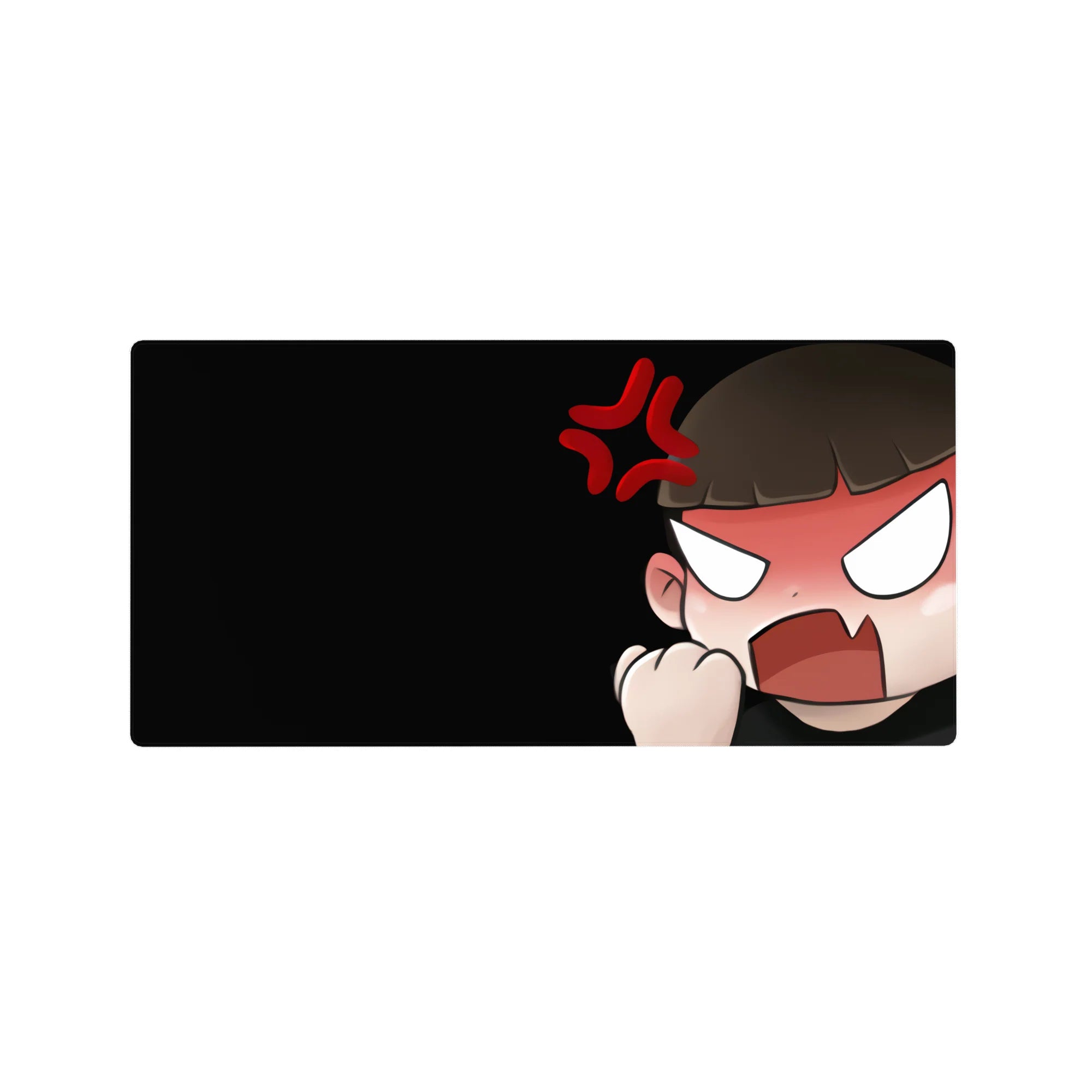 Chibi anime girl rage design mouse pad, fist raised and blush cheeks, 32x16 inches.