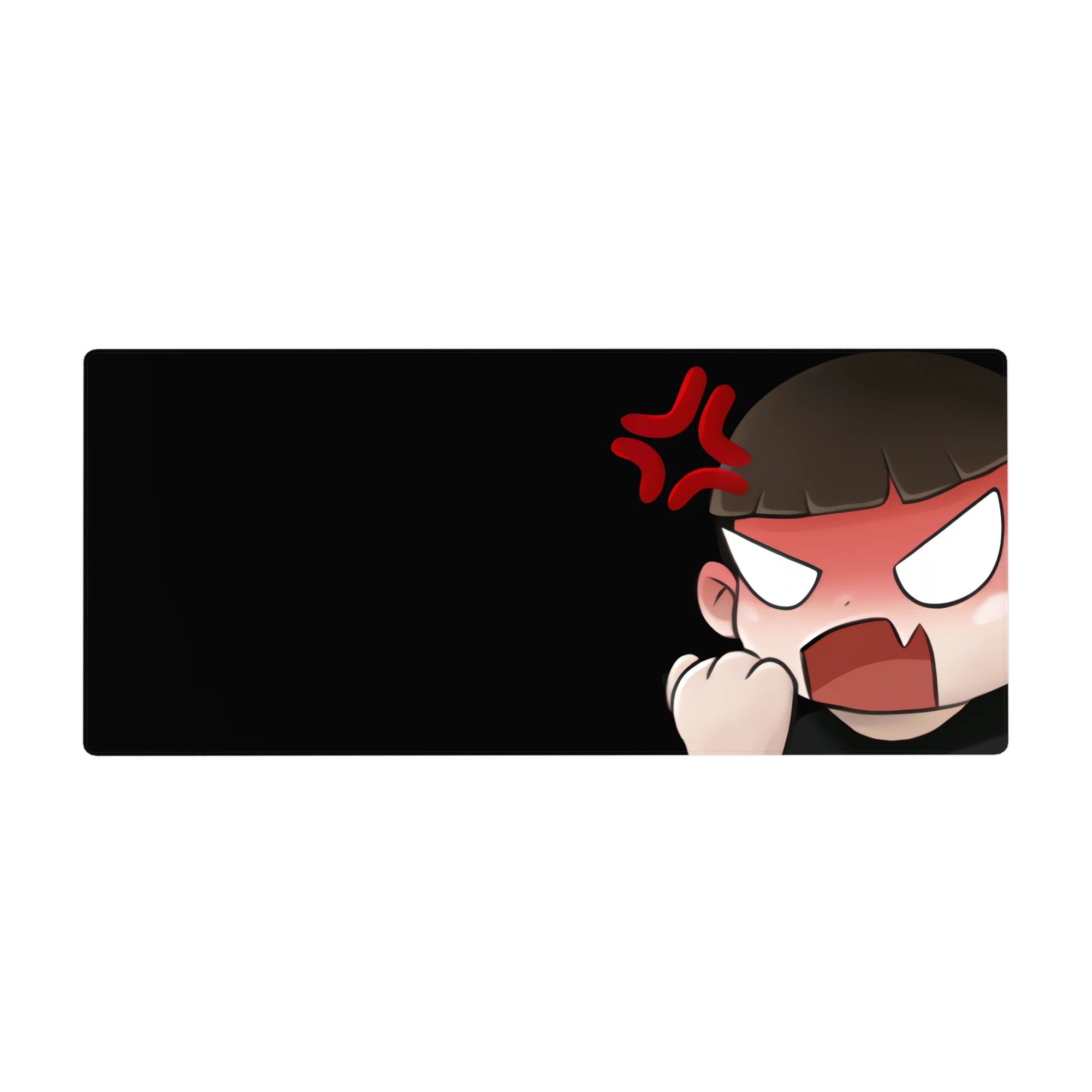 Chibi anime girl rage desk pad with blush cheeks and raised fist, 36x16 inches.