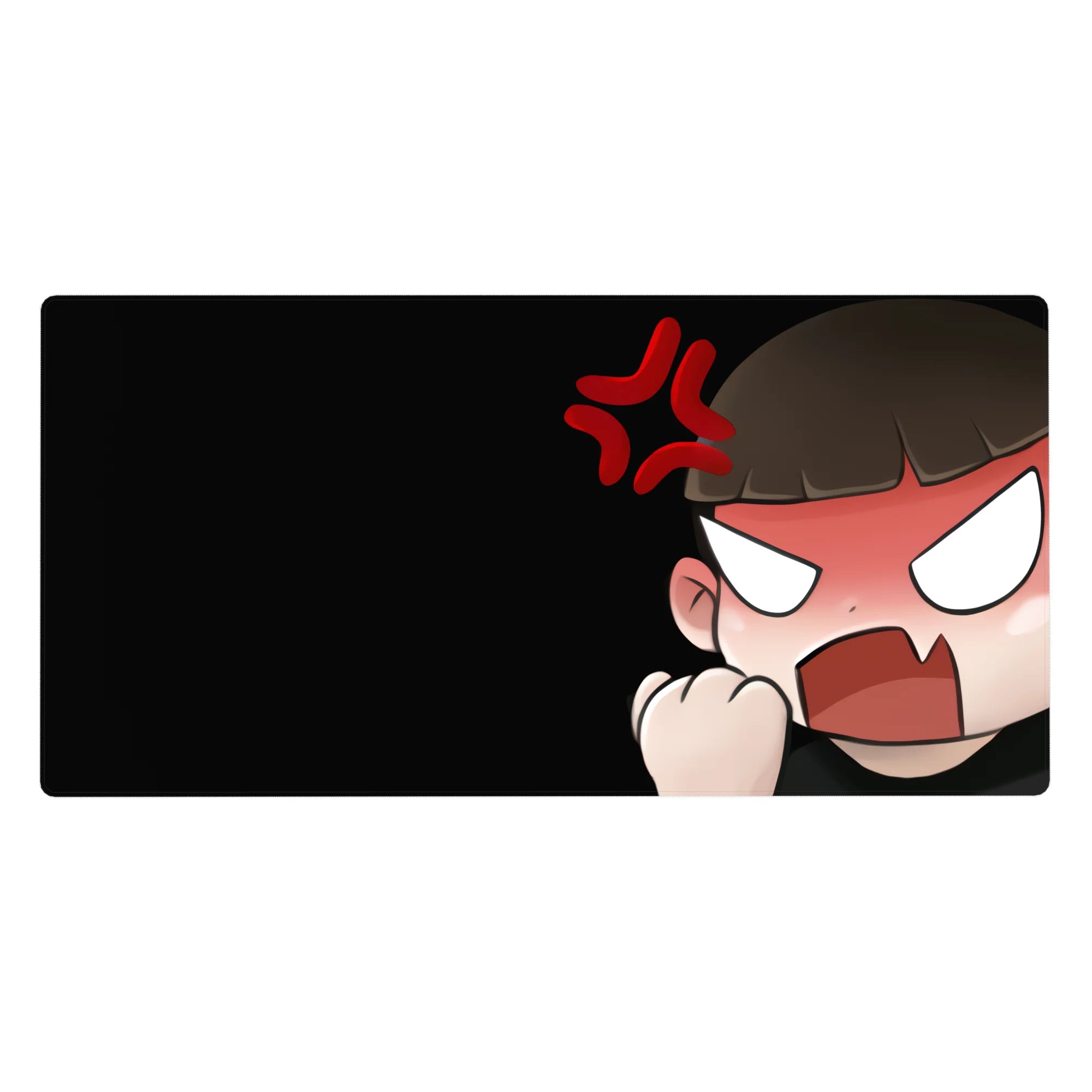 Chibi anime girl rage desk pad mouse pad, fist raised, blush cheeks, red anger mark, 40x20 inches.