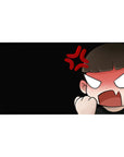Chibi anime girl rage desk pad mouse pad, fist raised, blush cheeks, red anger mark, 40x20 inches.