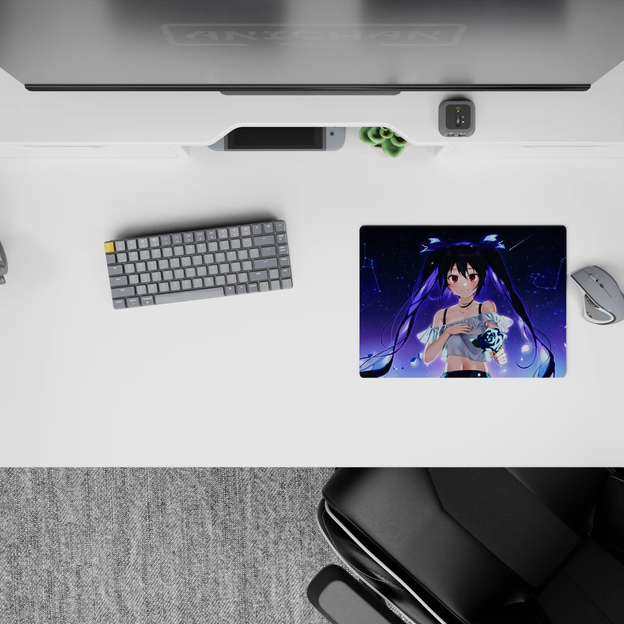 Dreamy indigo night anime mouse pad 14x10 inches with constellations, neon-blue rose, romantic vibe.