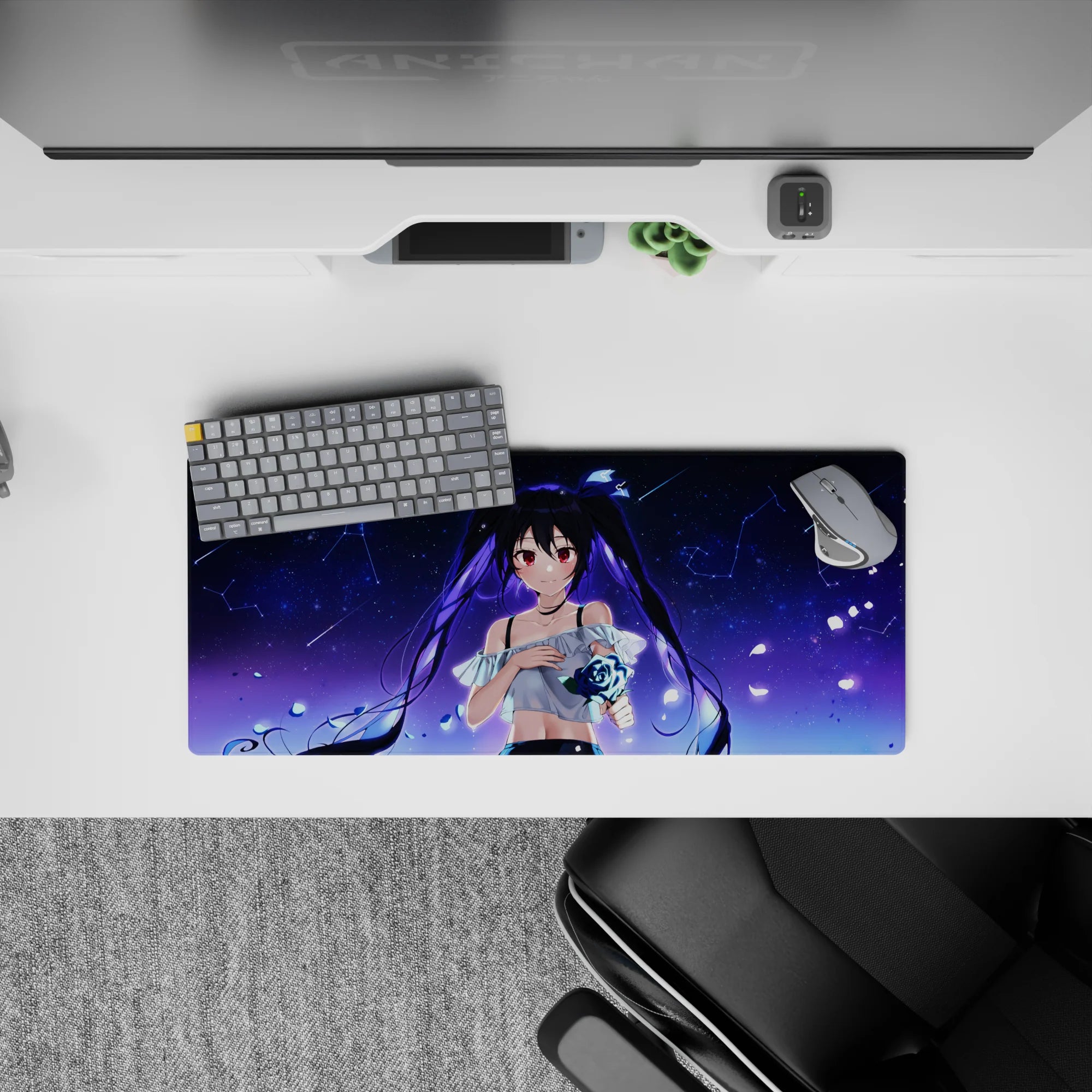 Dreamy indigo galaxy 28x12 inches anime mouse pad with ruby eyes, constellations, and neon blue rose.
