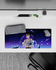 Dreamy indigo galaxy 28x12 inches anime mouse pad with ruby eyes, constellations, and neon blue rose.