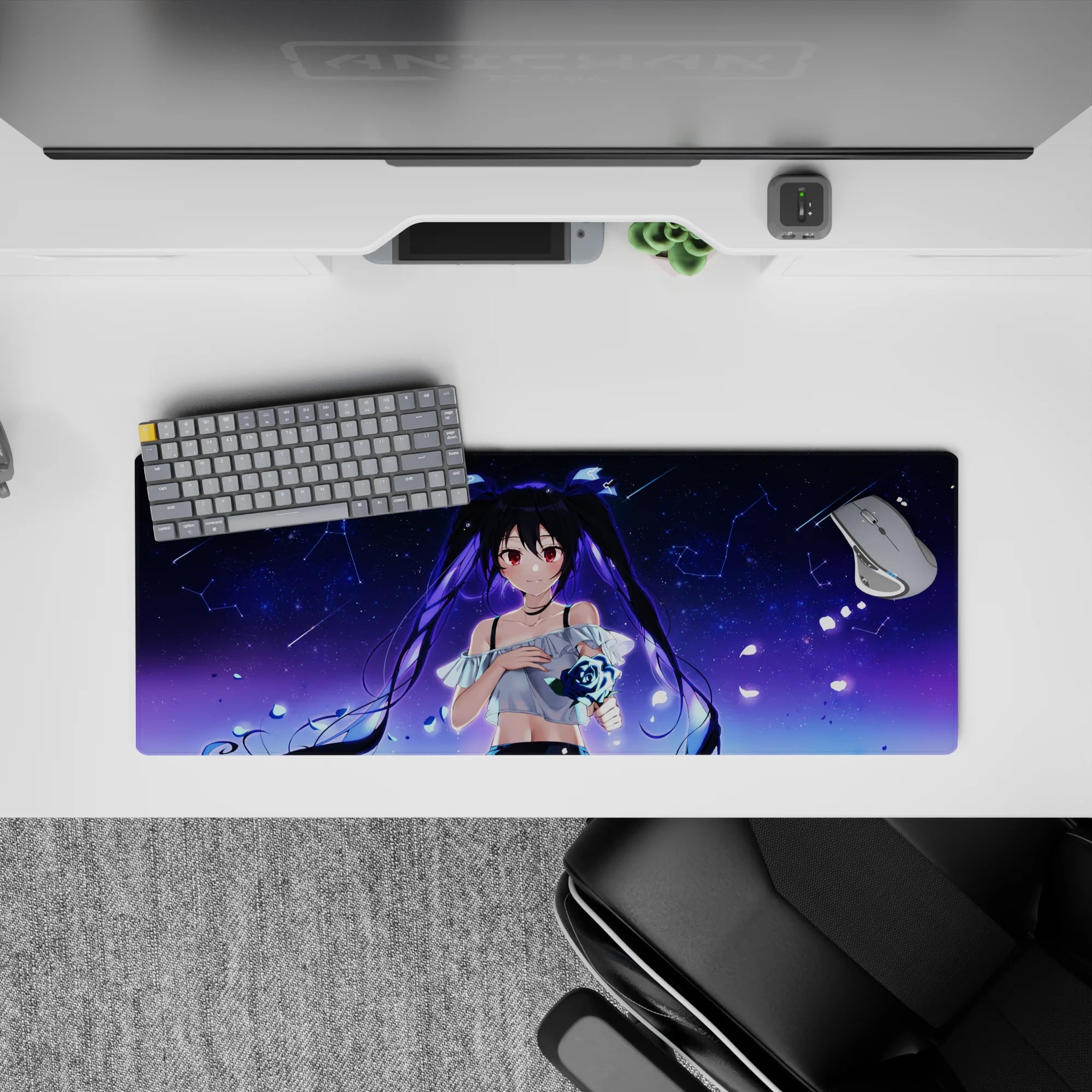 Dreamy indigo anime mouse pad 32x12 inches with constellations, ruby eyes, neon-blue rose glow.