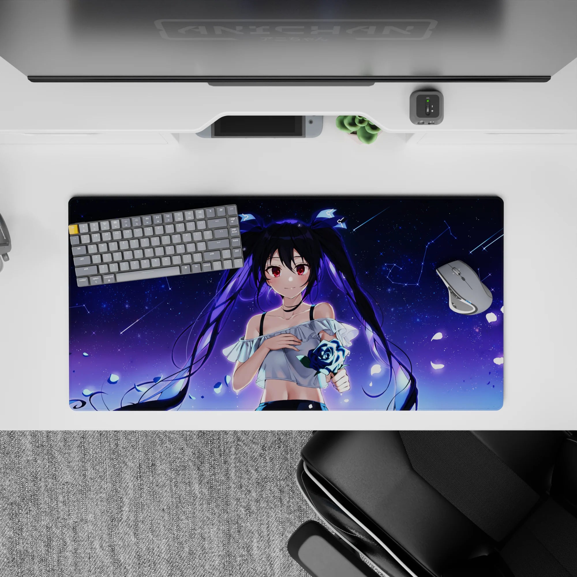 32x16 inches cute desk pad in deep indigo with constellations, ruby eyes, and dreamy romantic vibe.