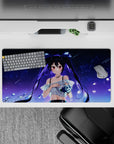 32x16 inches cute desk pad in deep indigo with constellations, ruby eyes, and dreamy romantic vibe.