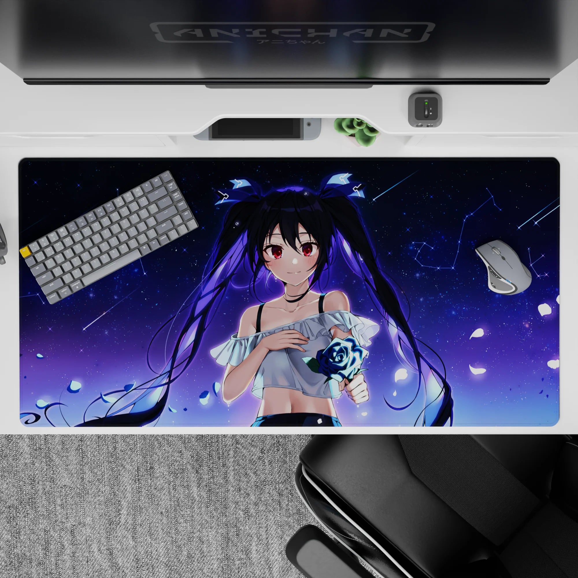 Dreamy indigo space mouse pad 40x20 inches with starry night vibes, ruby eyes, and neon blue rose accents.