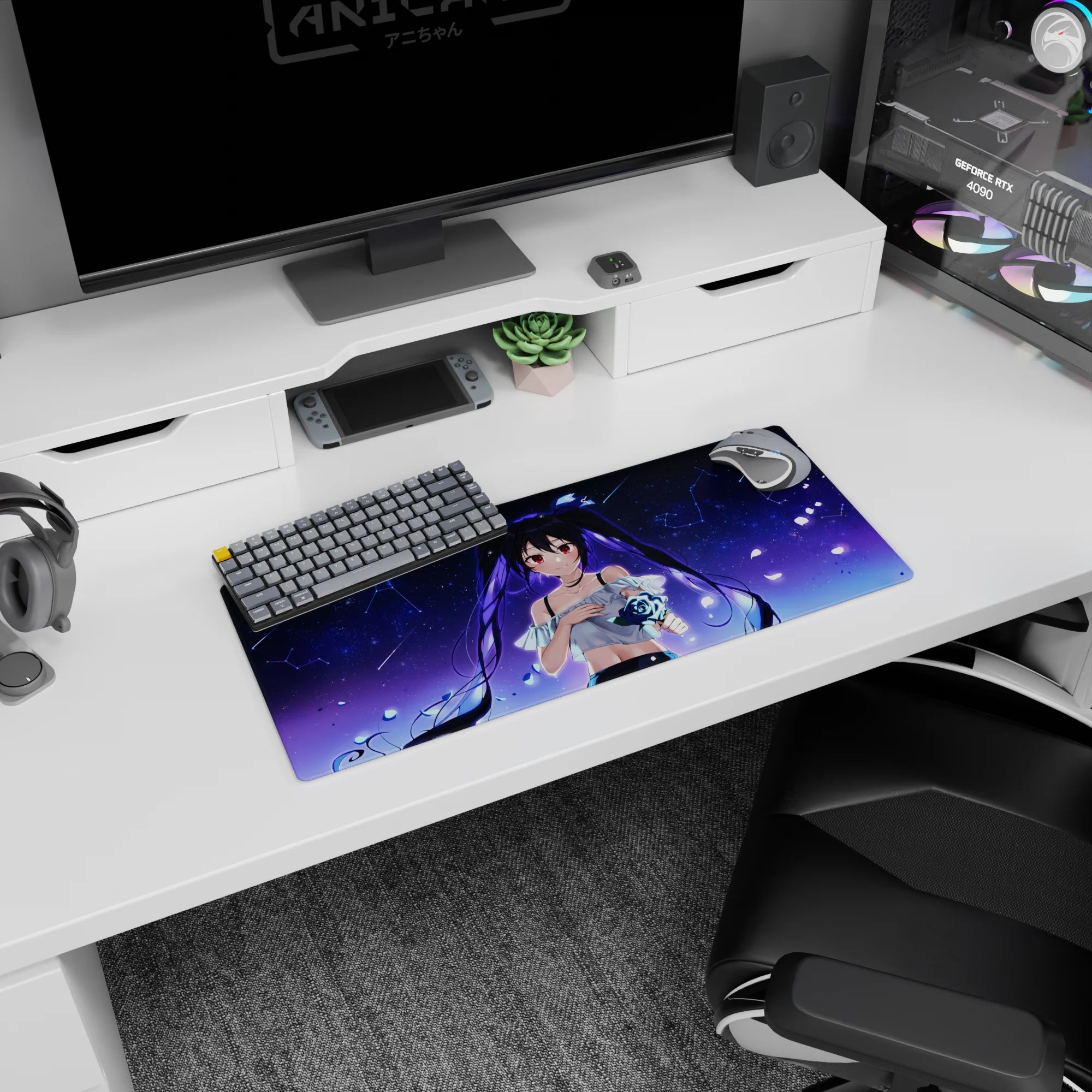 28x12 inches mouse pad featuring shy twin-tailed anime girl with floating hair in a starry night scene.