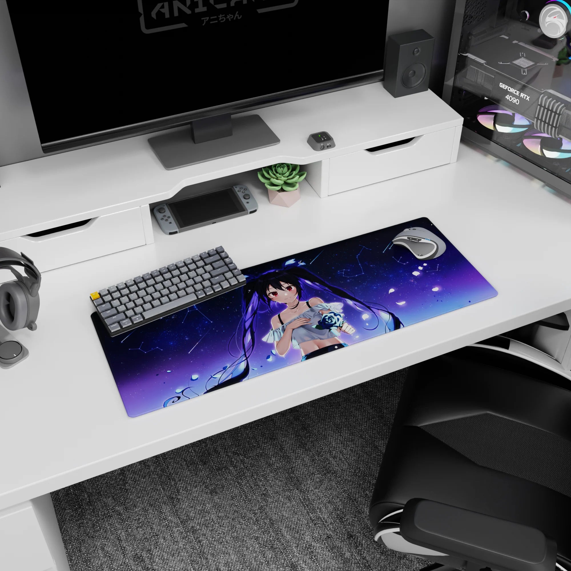 Shy twin-tail anime girl with floating hair and ruby eyes on 32x12 inches mouse pad, starry petals.