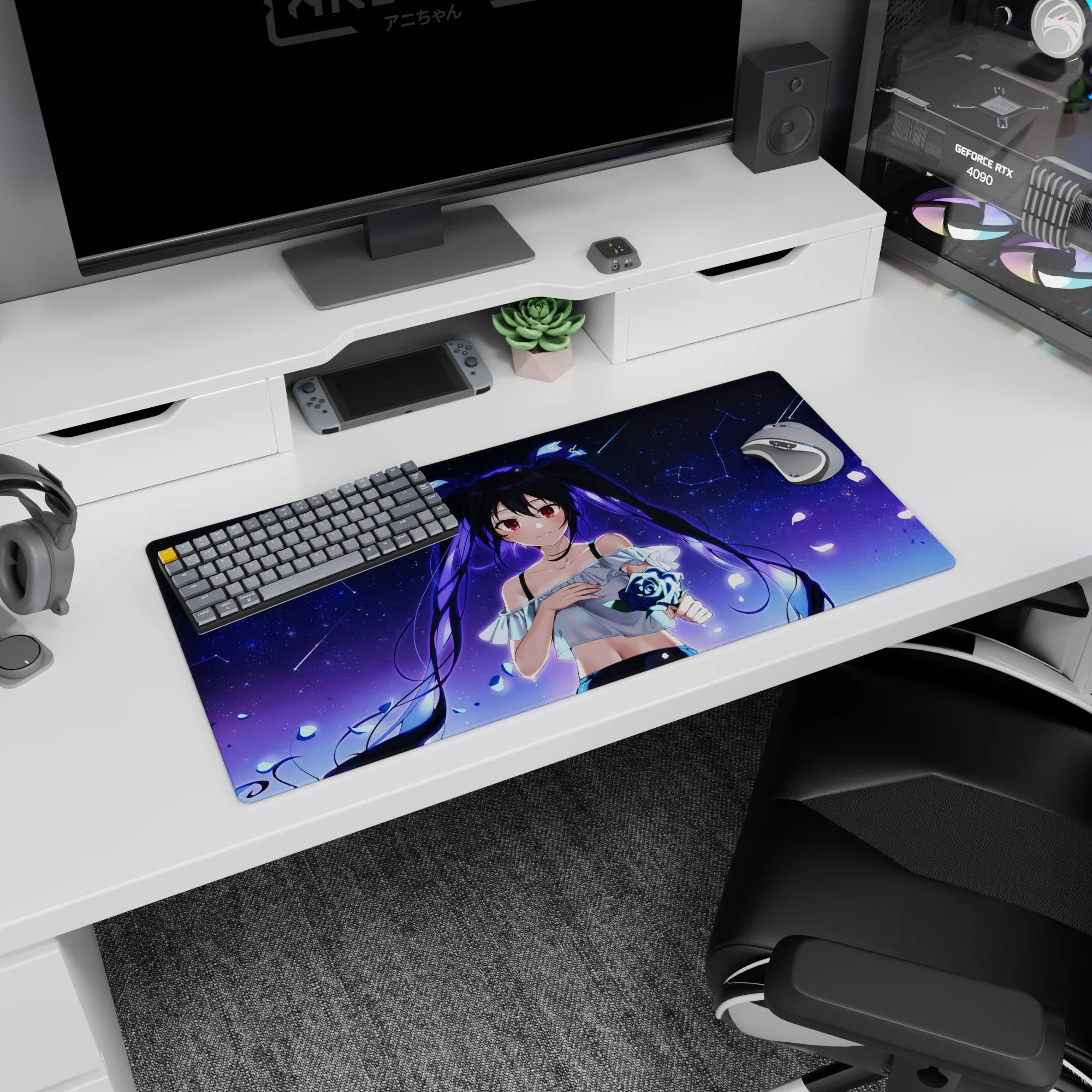 32x16 inches anime mouse pad showing shy twin-tail girl with floating hair, neon blue rose, and petals.