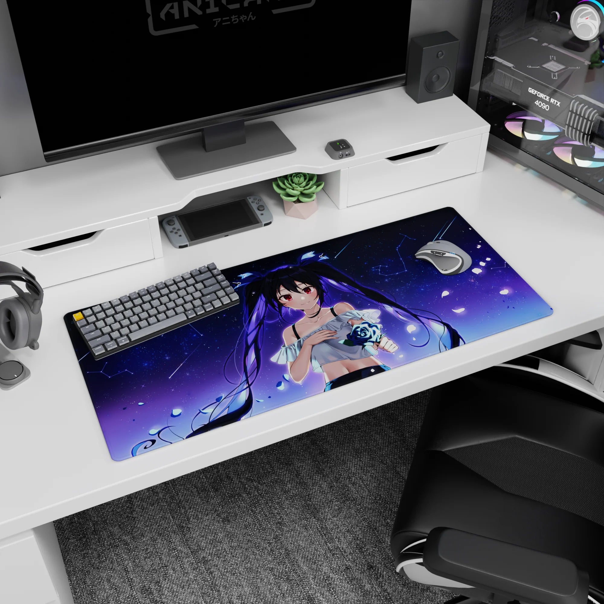 Shy ruby-eyed twin-tail anime girl on 36x16 inches desk pad, floating hair, starlit sky and petals.
