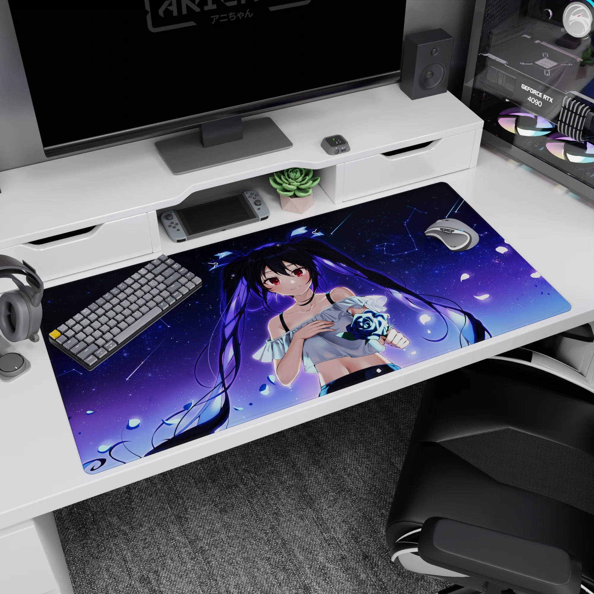 Shy twin-tail anime girl with floating hair and ruby eyes on a 40x20 inches desk pad, petals drifting in space.