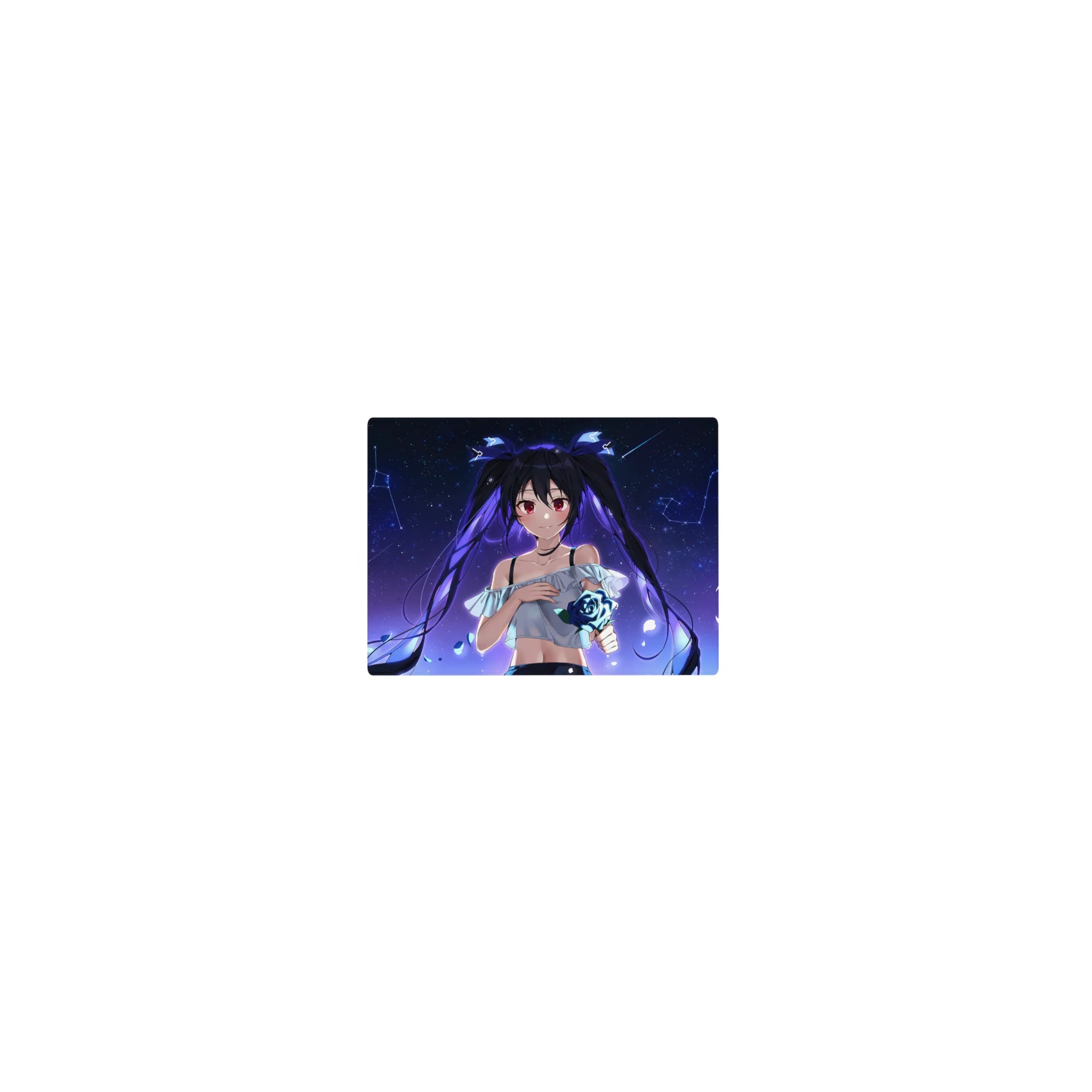 Classic anime girl mouse pad 14x10 inches with twin-tail beauty, starry space backdrop, petals, blue rose.