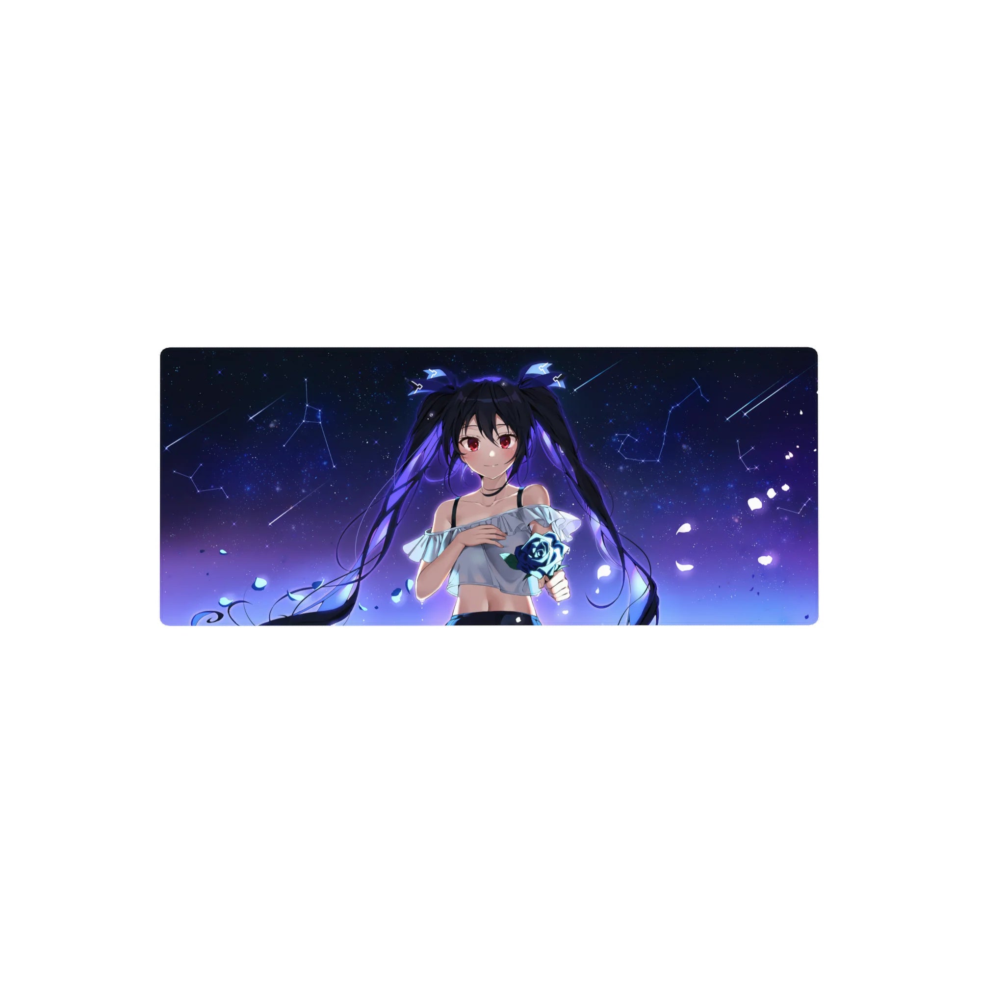 Anime girl mouse pad 28x12 inches with twin-tail beauty, starry space background, petals, and blue rose.