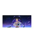 Anime girl mouse pad 28x12 inches with twin-tail beauty, starry space background, petals, and blue rose.