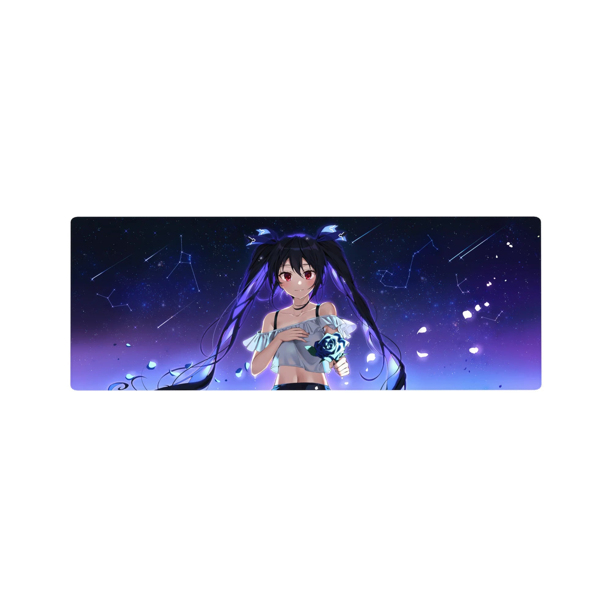 Anime girl mouse pad 32x12 inches with twin-tail girl, starry space background, petals and blue rose.