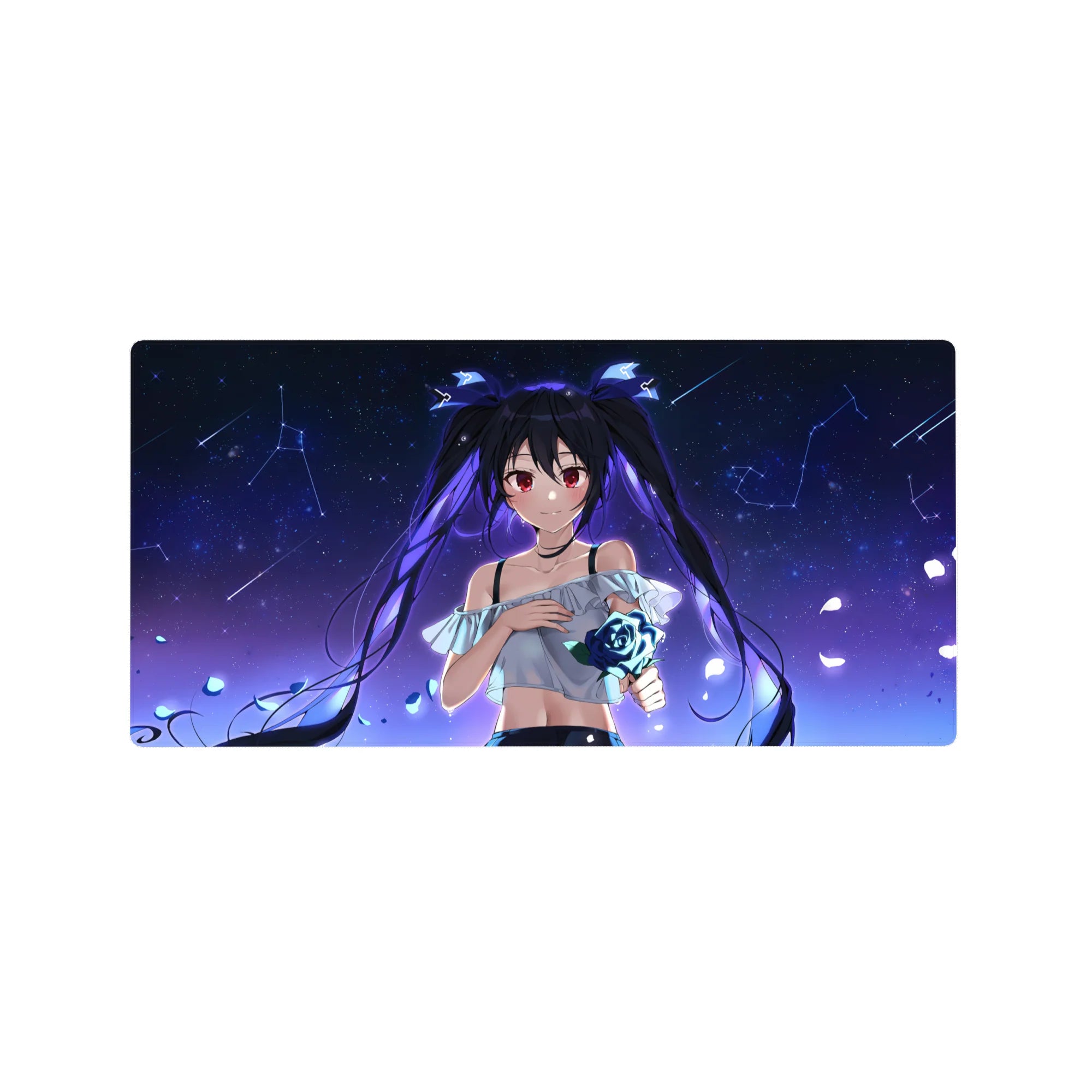 32x16 inches anime girl mouse pad with twin-tail beauty, starry space backdrop, petals, and blue rose.