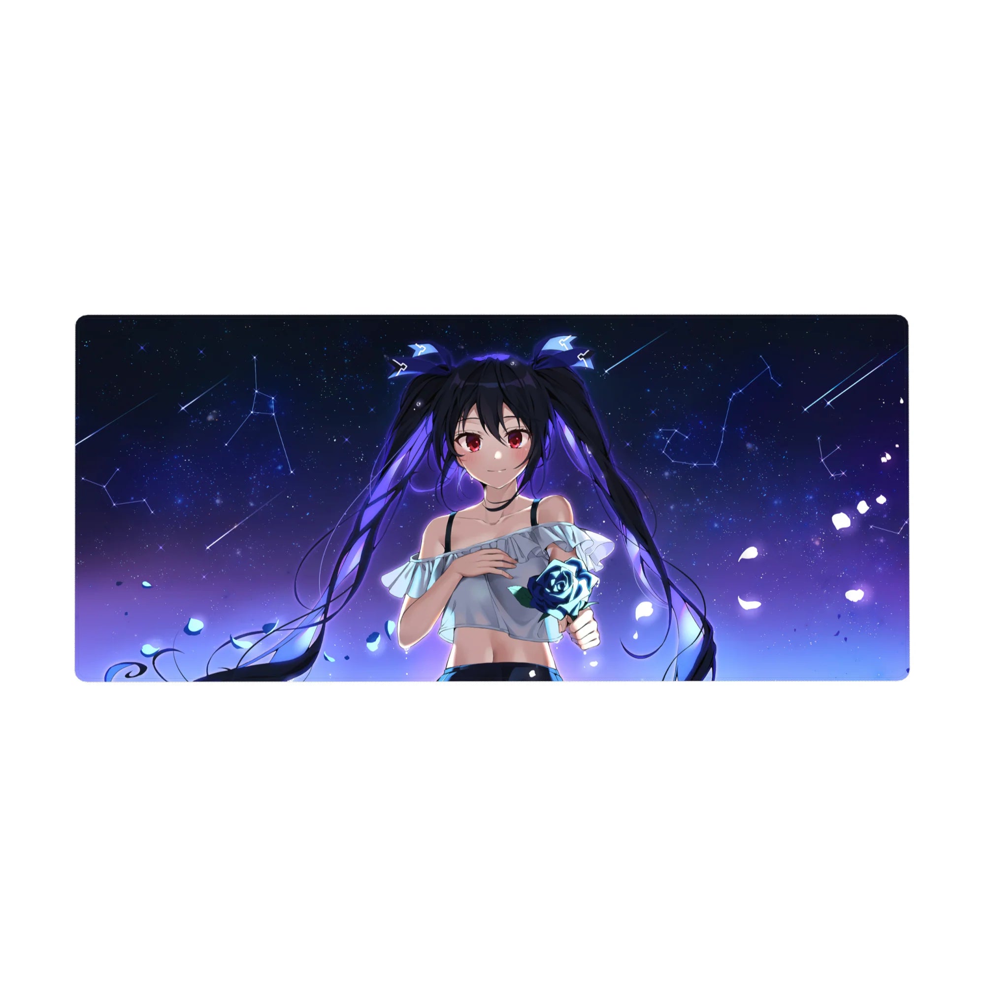 Anime girl desk pad 36x16 inches with twin-tail character, starry space background, petals, blue rose.