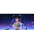 Anime girl desk pad 36x16 inches with twin-tail character, starry space background, petals, blue rose.