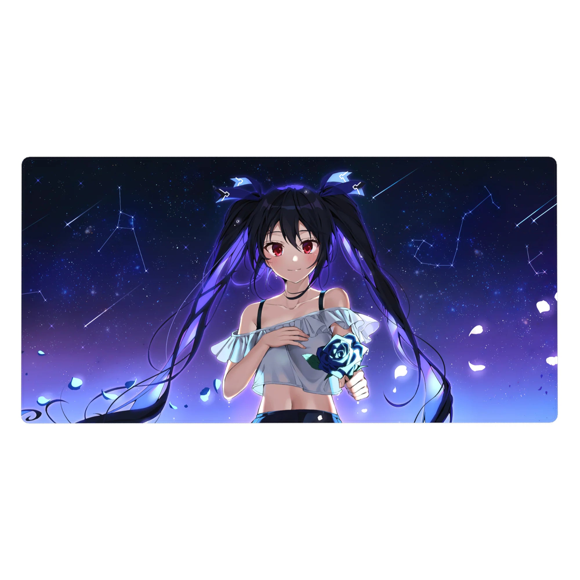Anime girl desk pad 40x20 inches with twin-tail beauty, constellations, petals, and a glowing blue rose.