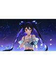 Anime girl desk pad 40x20 inches with twin-tail beauty, constellations, petals, and a glowing blue rose.