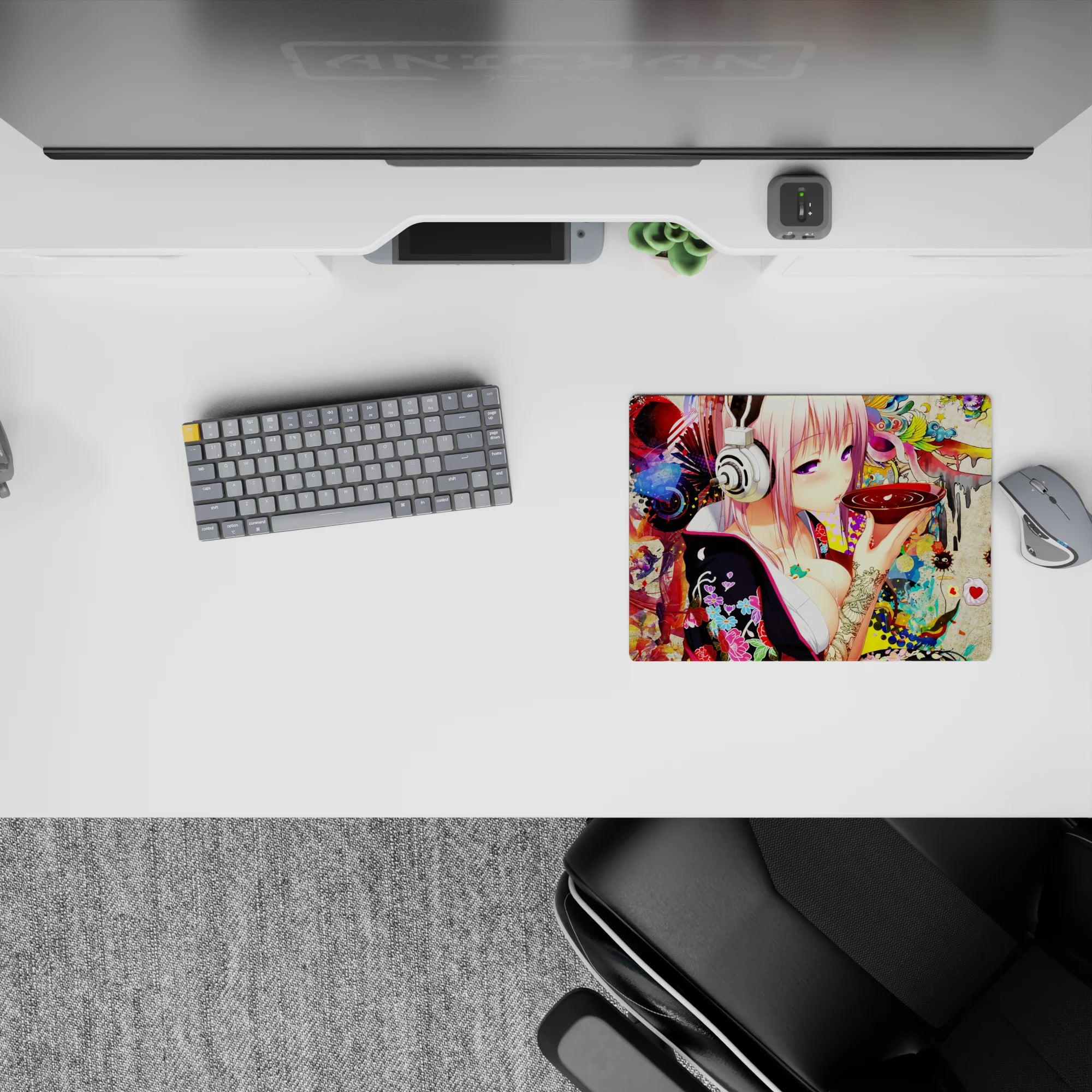 14x10 inches classic anime girl mouse pad in neon pinks and reds, late-night otaku mood with candy florals.