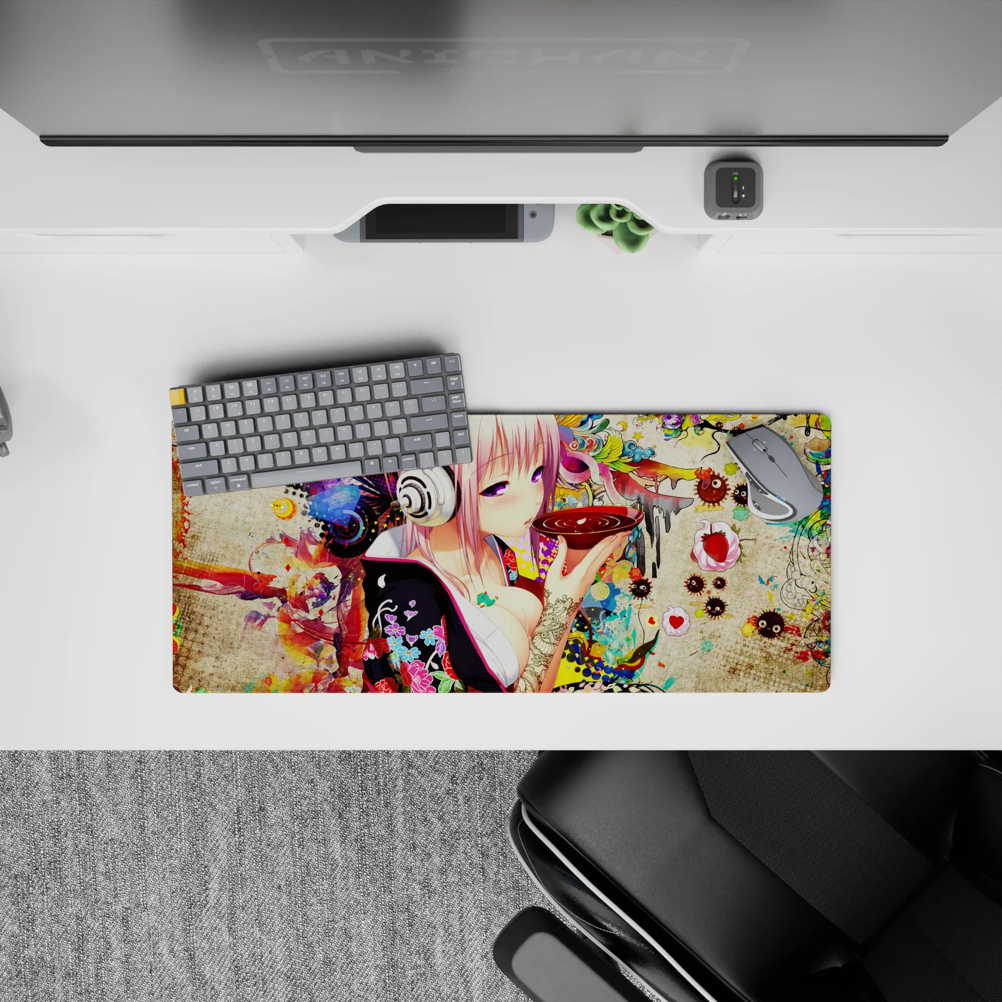 28x12 inches extended mouse pad in neon pink and red koi tones, cute chaotic otaku night vibe.