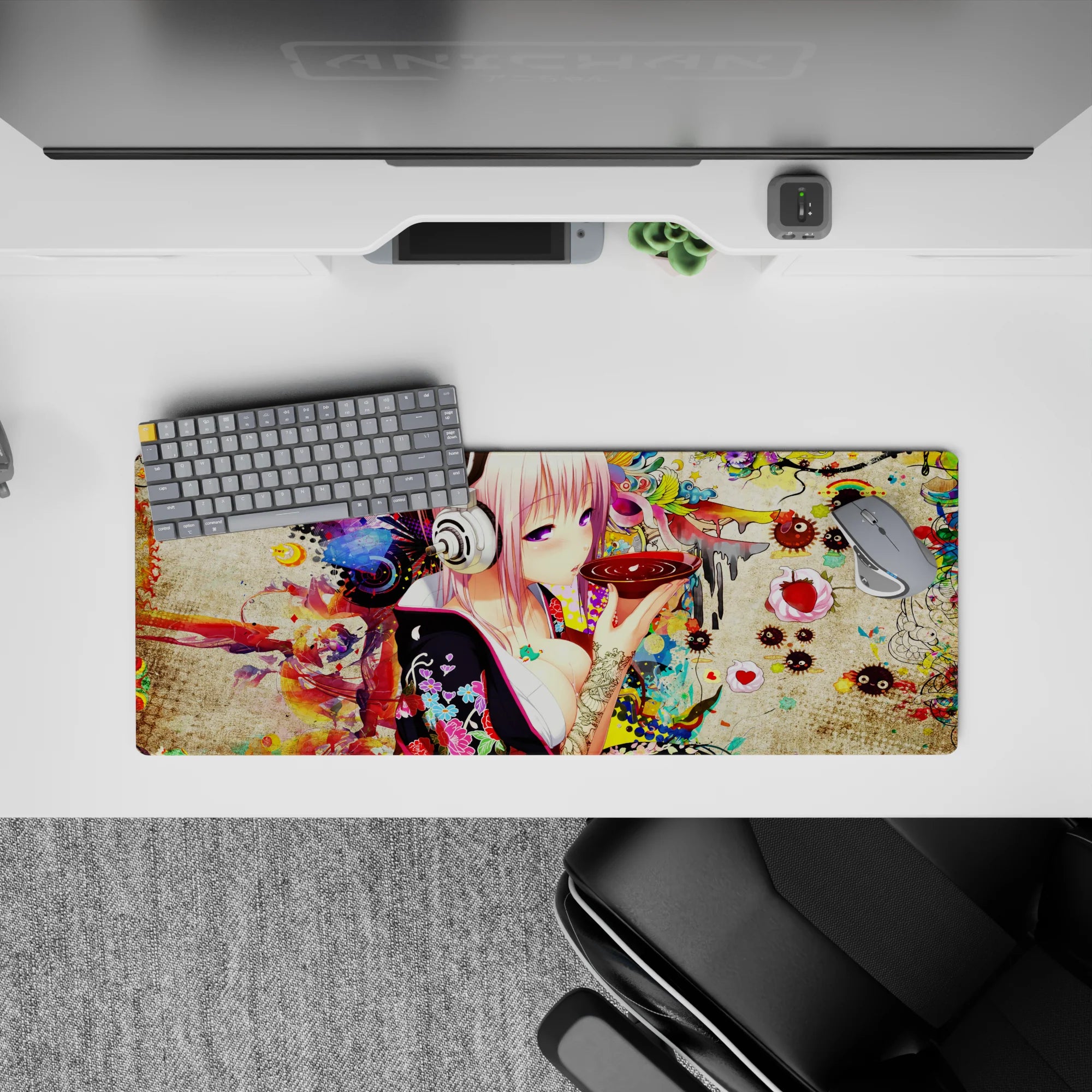 Pink and neon anime desk mat 32x12 inches, koi reds, candy florals, cute chaotic late-night vibe.
